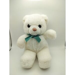 Vintage Tender Teddy with Green Bow 1989 Small White Plush Retro Toy from Gund